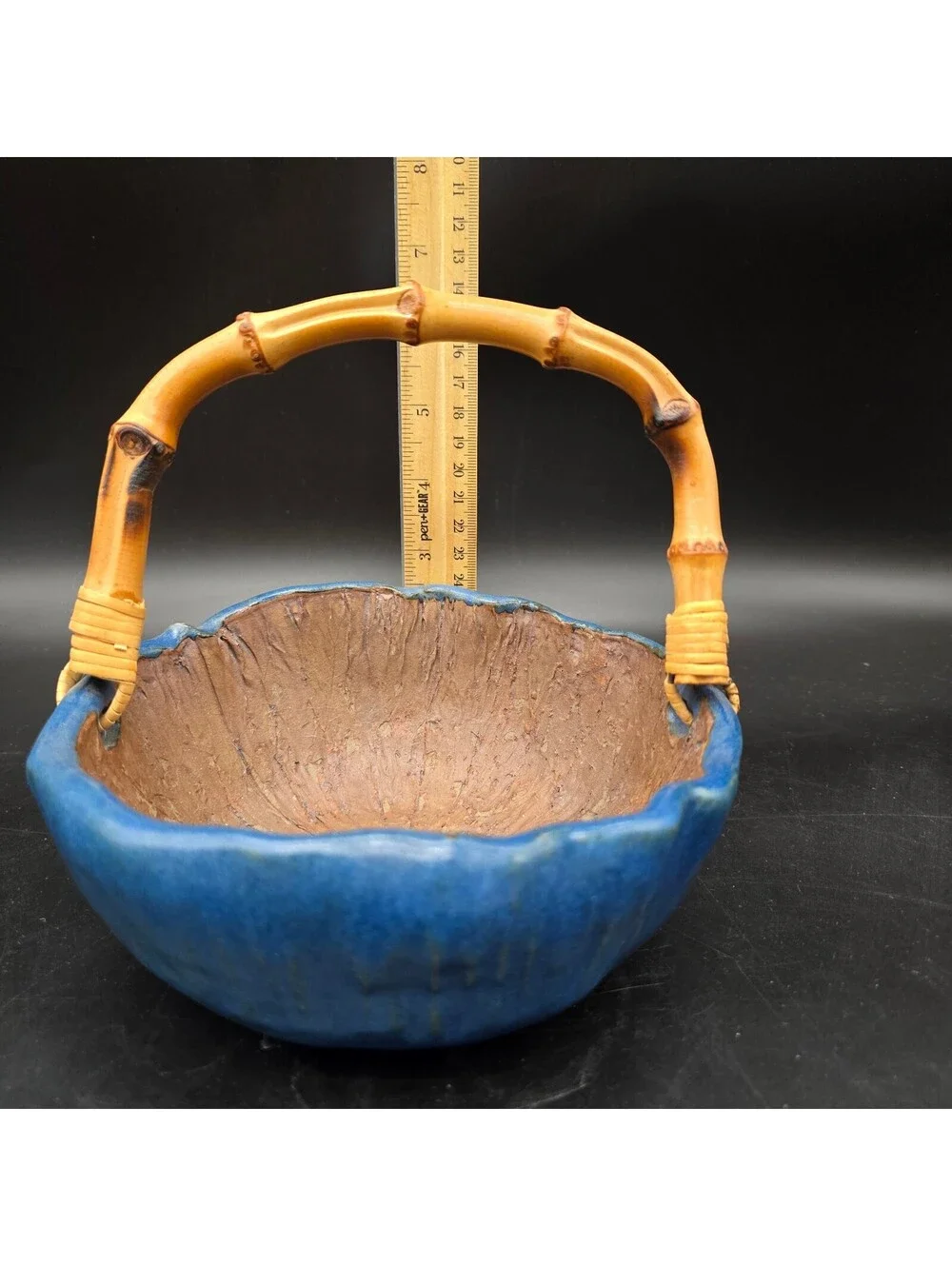 Handmade Studio Pottery Lotus Leaf Basket Bowl Blue Glazed Bamboo Handle Signed
